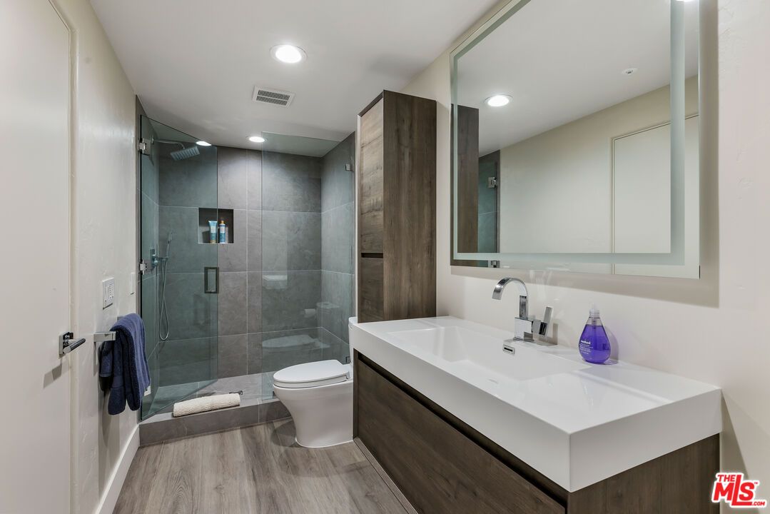 Bathroom, Glass Shower, Interior, Recessed Lighting, Wood Texture Flooring