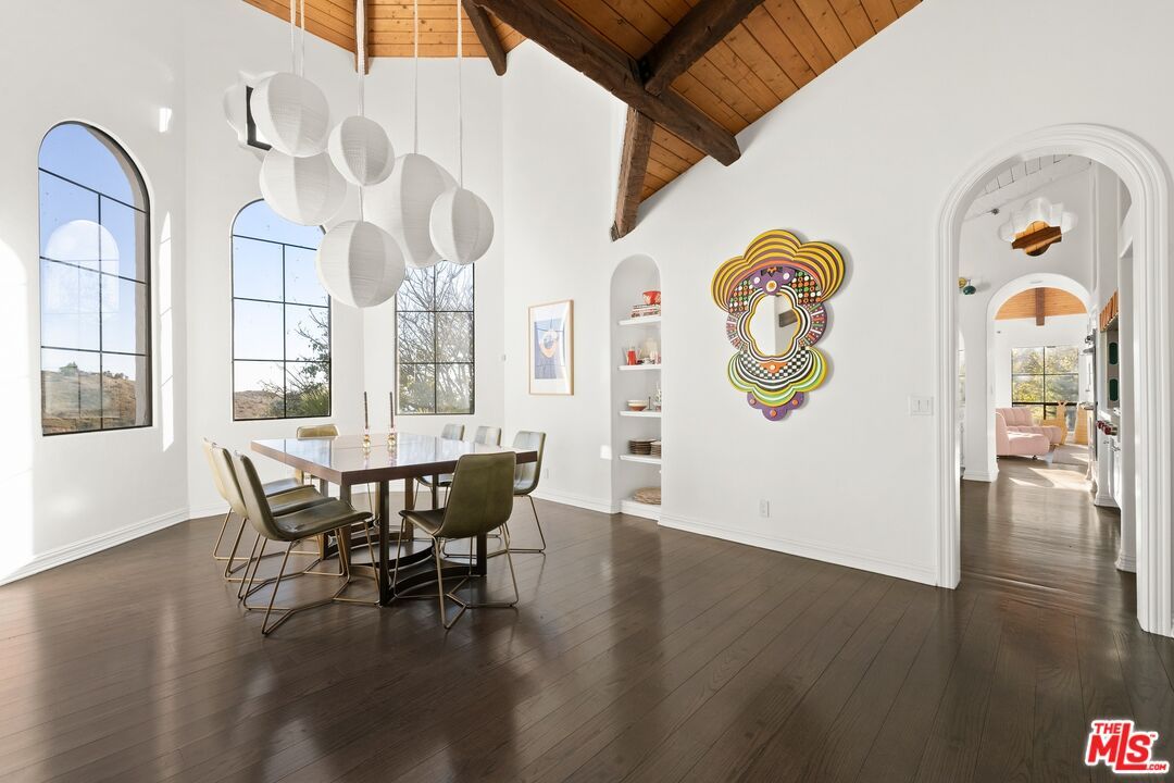 Dining room, Interior, Pendant Lights, Wooden Beams, Wooden Ceilings, Wood Texture Flooring