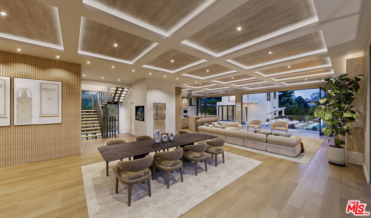 Dining room, Interior, Living room, Recessed Lighting, Wood Texture Flooring