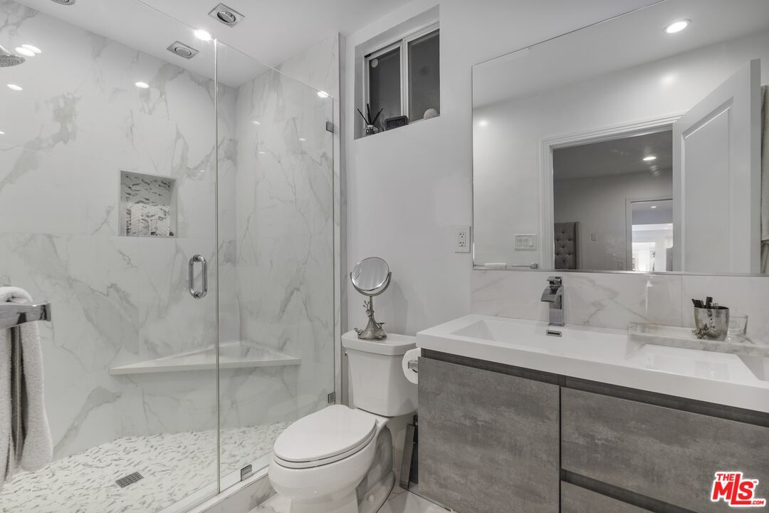 Bathroom, Glass Shower, Interior, Marble Walls, Recessed Lighting