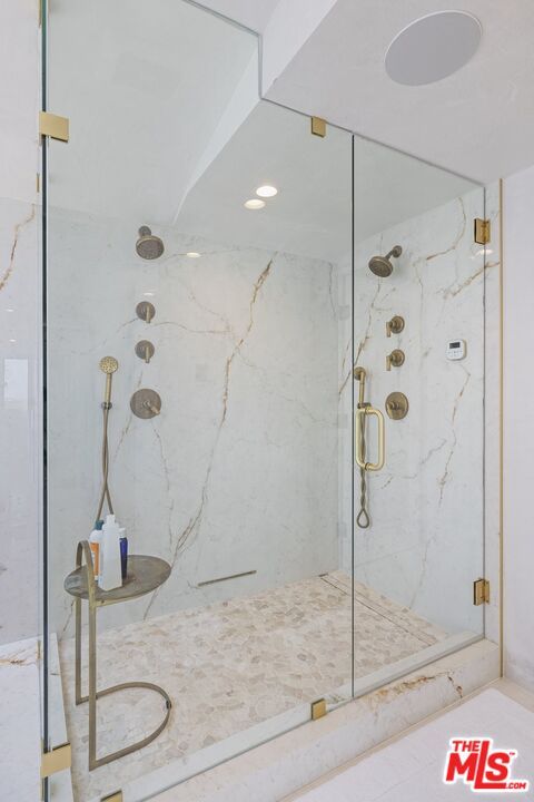 Bathroom, Glass Shower, Interior, Marble Walls, Recessed Lighting