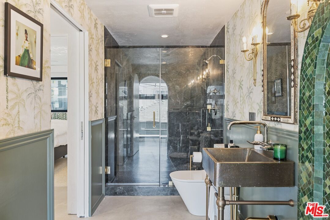 Bathroom, Free Standing Baths, Glass Shower, Interior, Marble Walls, Recessed Lighting