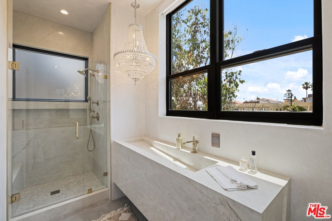 Bathroom, Chandelier, Glass Shower, Interior, Recessed Lighting