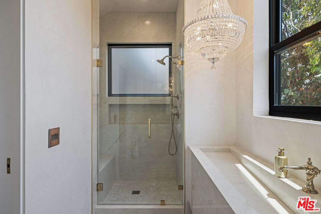 Bathroom, Chandelier, Glass Shower, Interior, Recessed Lighting