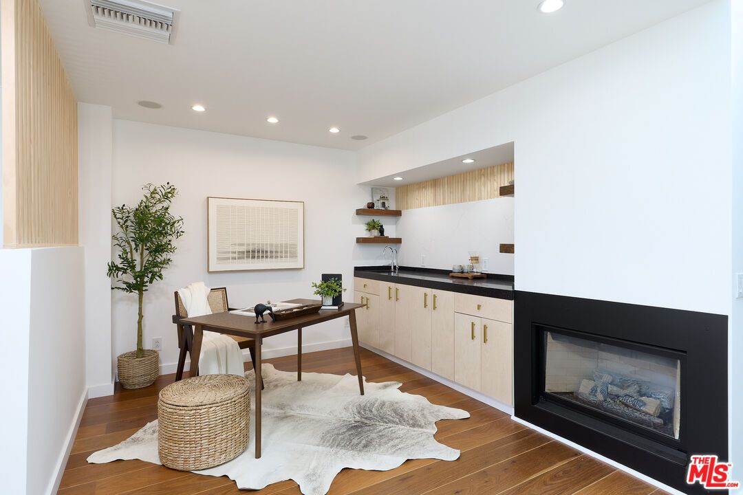 Fireplace, Home Office, Interior, Recessed Lighting, Wood Texture Flooring