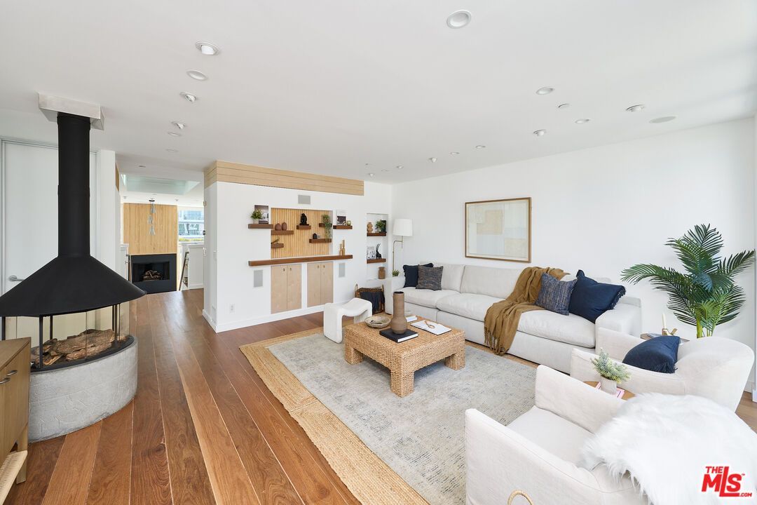 Fireplace, Interior, Living room, Recessed Lighting, Wood Texture Flooring