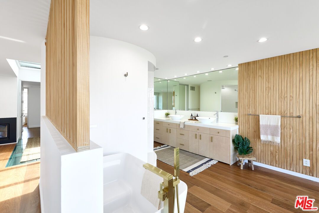 Bathroom, Dual Sink Vanities, Interior, Recessed Lighting, Wood Texture Flooring