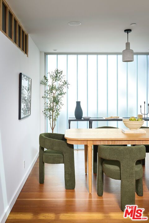 Dining room, Interior, Pendant Lights, Recessed Lighting, Wood Texture Flooring