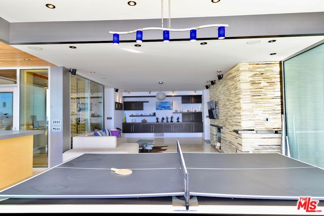 Game Room, Interior, Pendant Lights, Recessed Lighting, Stone Walls