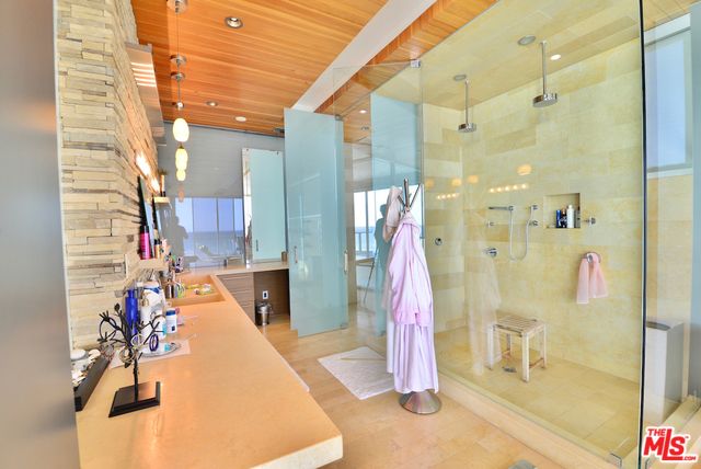 Bathroom, Glass Shower, Interior, Pendant Lights, Recessed Lighting, Stone Walls, Wooden Ceilings