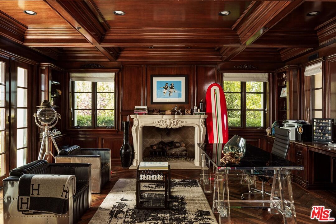 Fireplace, Home Office, Interior, Recessed Lighting, Wooden Beams, Wooden Ceilings, Wood Texture Flooring, Wooden Walls