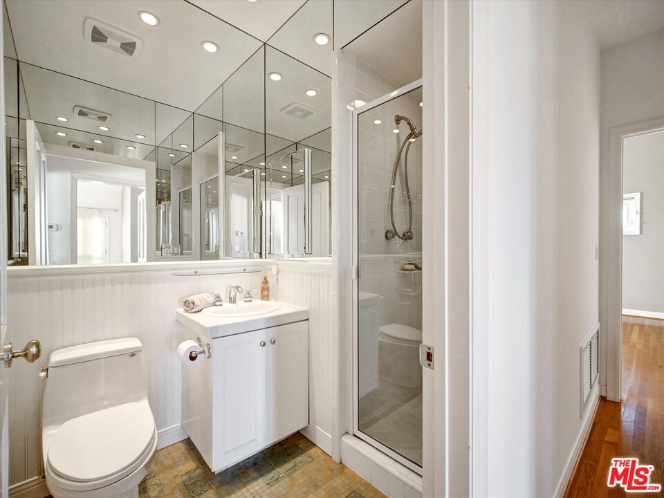 Bathroom, Glass Shower, Interior, Recessed Lighting, Wood Texture Flooring