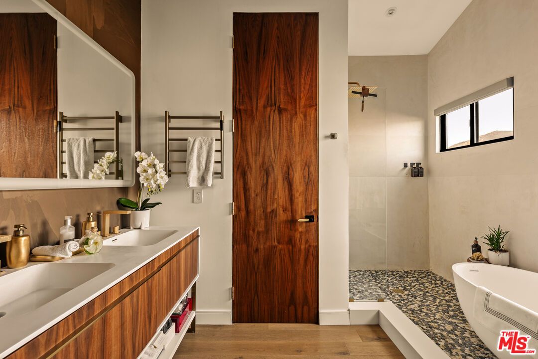 Bathroom, Dual Sink Vanities, Glass Shower, Interior, Wood Texture Flooring