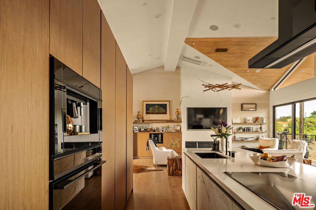 Interior, Kitchen, Living room, Recessed Lighting, Stainless Steel Appliances, Wooden Ceilings, Wood Texture Flooring