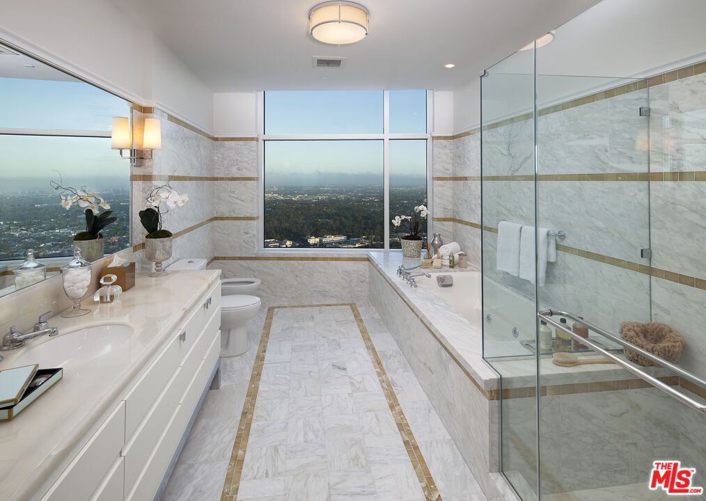 Bathroom, Dual Sink Vanities, Glass Shower, Interior, Marble, Recessed Lighting