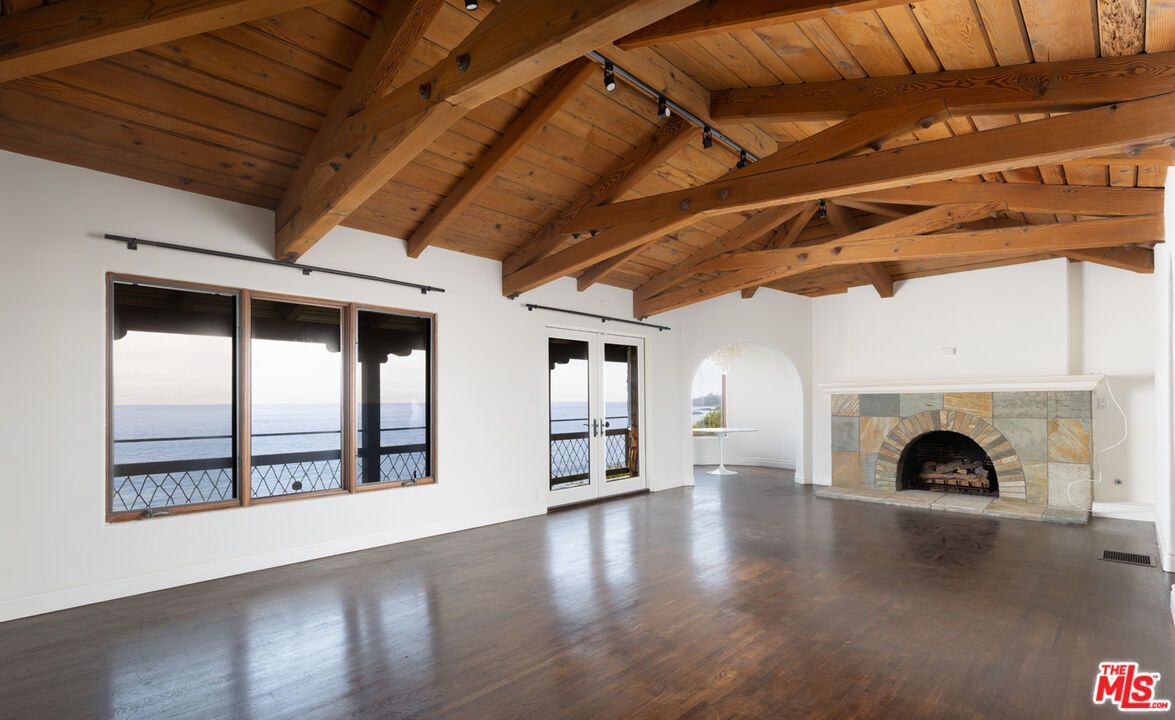 Empty room, Fireplace, Interior, Water, Wooden Beams, Wooden Ceilings, Wood Texture Flooring