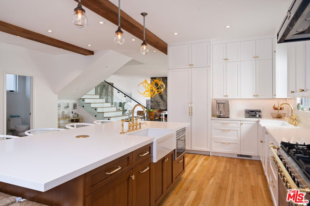Interior, Kitchen, Pendant Lights, Recessed Lighting, Wooden Beams, Wood Texture Flooring