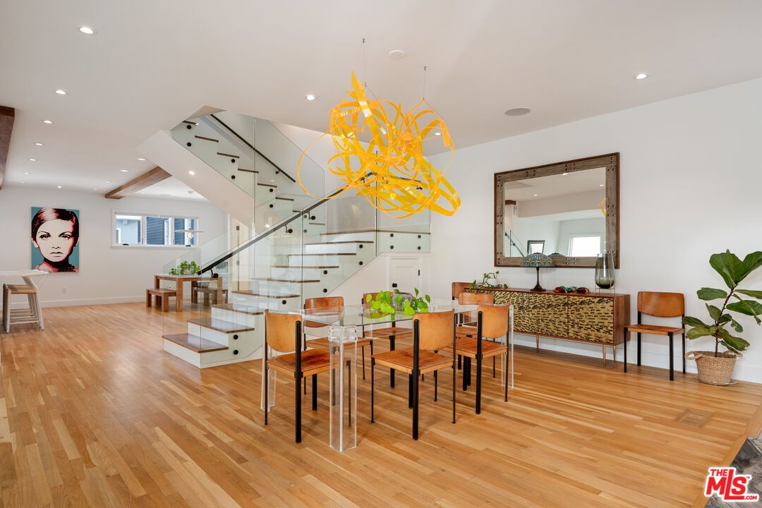 Dining room, Interior, Pendant Lights, Recessed Lighting, Wood Texture Flooring