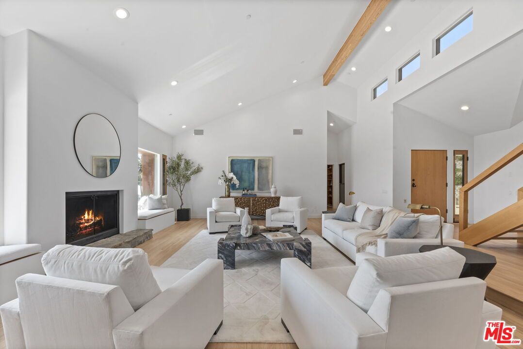 Fireplace, Interior, Living room, Recessed Lighting, Wooden Beams, Wood Texture Flooring