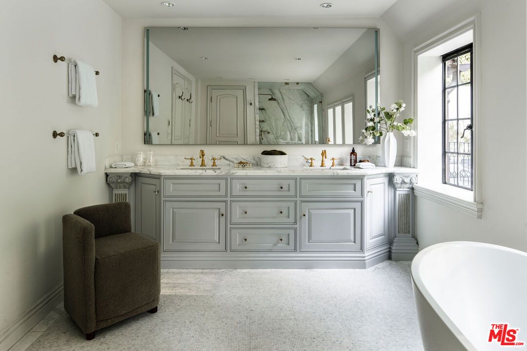 Bathroom, Dual Sink Vanities, Free Standing Baths, Interior, Marble Walls, Recessed Lighting