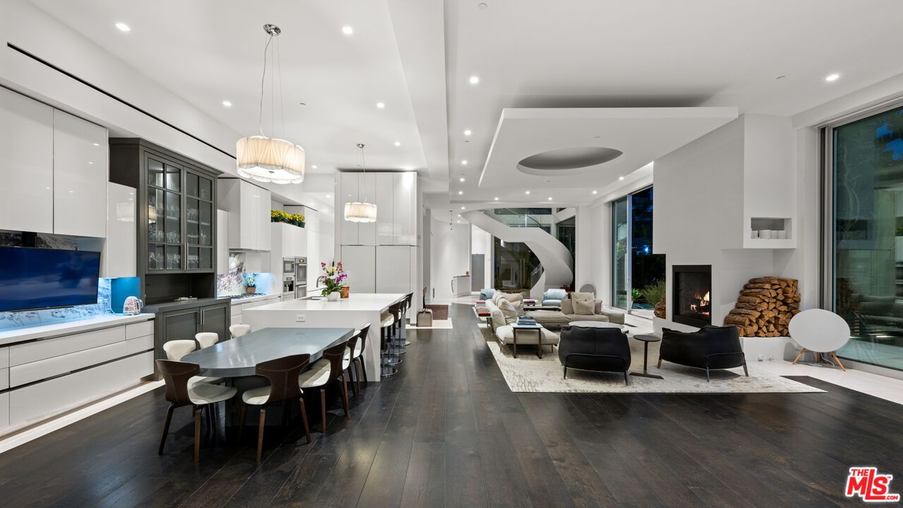 Dining room, Fireplace, Interior, Living room, Pendant Lights, Recessed Lighting, Wood Texture Flooring