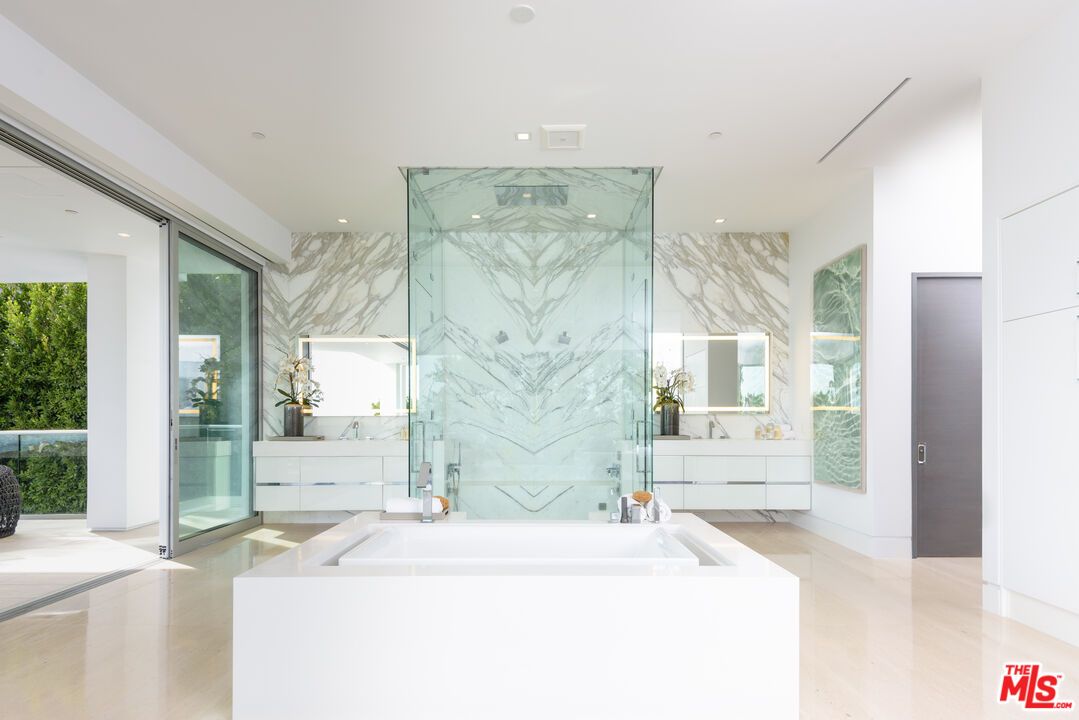 Bathroom, Glass Shower, Interior, Marble Walls, Recessed Lighting