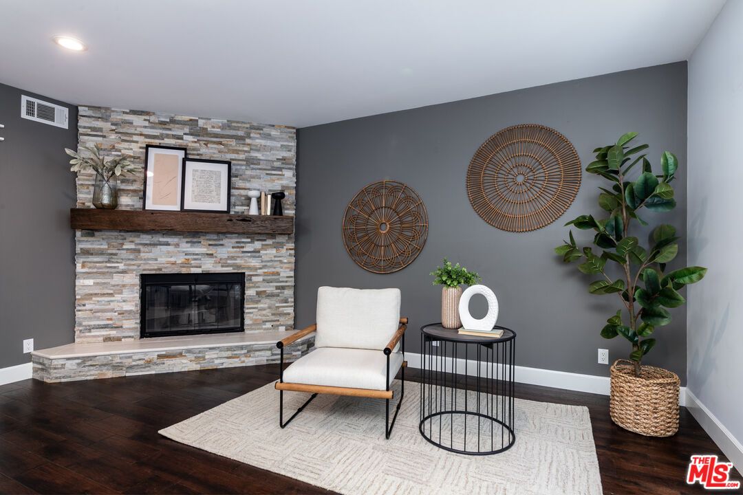 Fireplace, Interior, Recessed Lighting, Stone Walls, Wood Texture Flooring