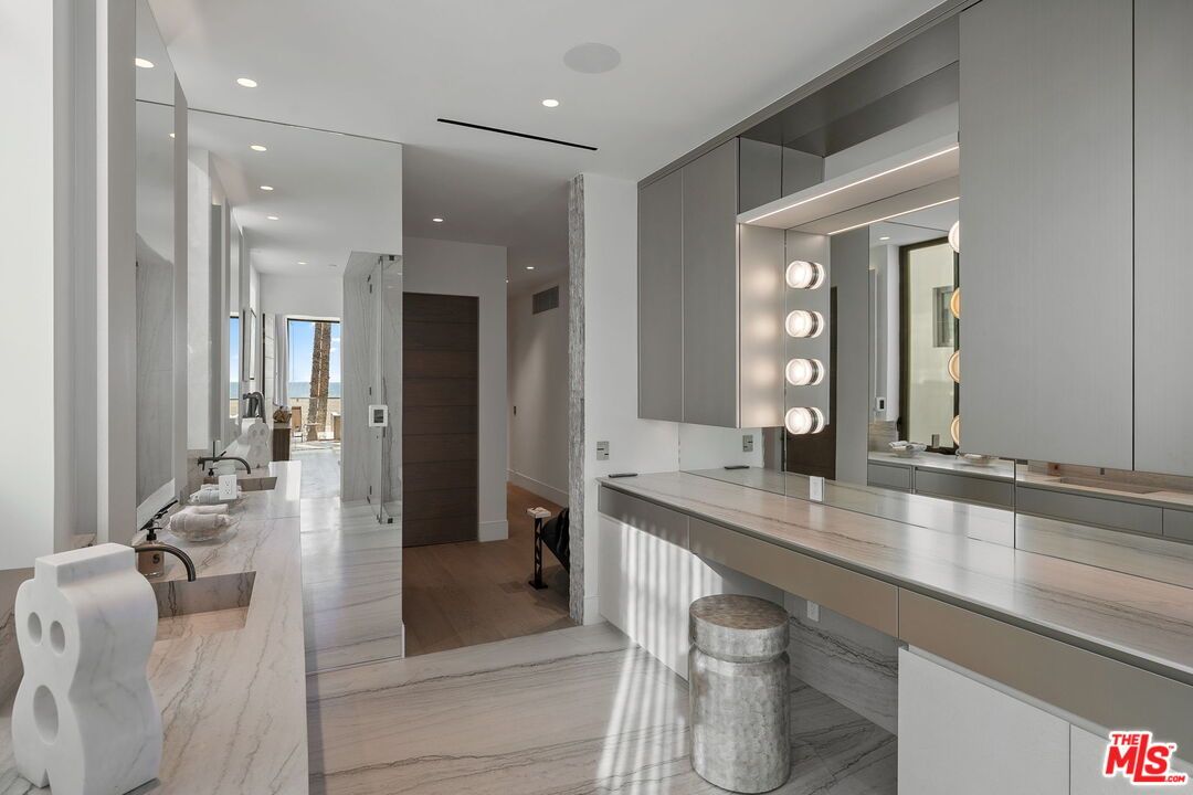 Bathroom, Interior, Marble, Recessed Lighting, Wood Texture Flooring