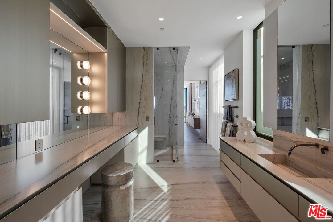 Bathroom, Interior, Marble Walls, Recessed Lighting, Wood Texture Flooring
