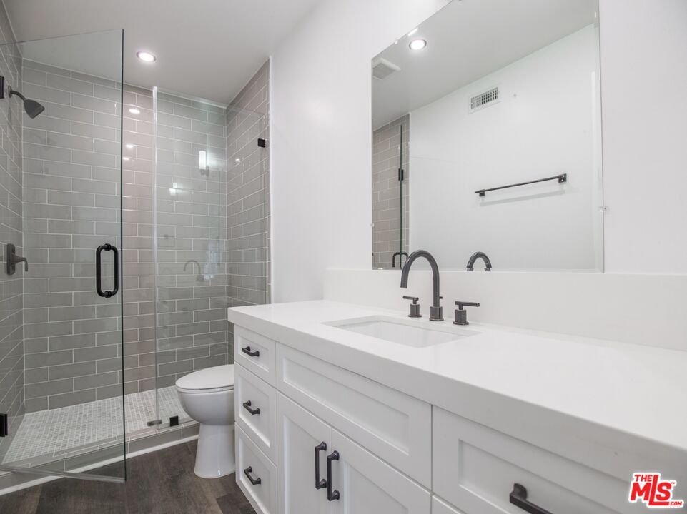 Bathroom, Glass Shower, Interior, Recessed Lighting, Wood Texture Flooring