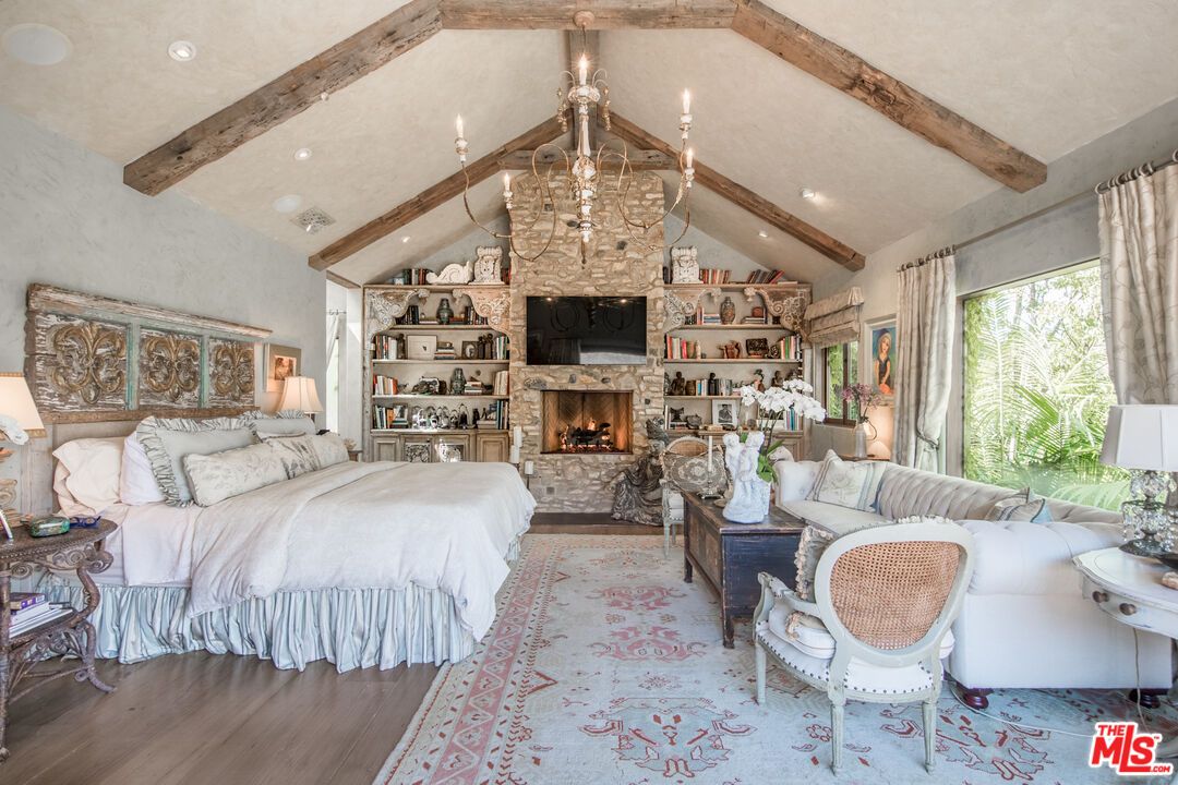 Bedroom, Chandelier, Fireplace, Interior, Recessed Lighting, Wooden Beams, Wood Texture Flooring