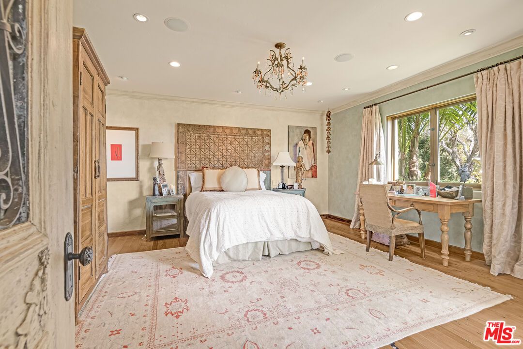 Bedroom, Chandelier, Interior, Recessed Lighting, Wood Texture Flooring