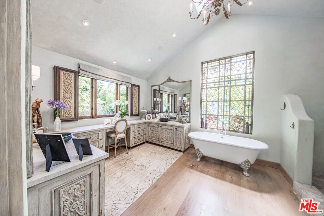 Bathroom, Chandelier, Free Standing Baths, Interior, Recessed Lighting, Wood Texture Flooring