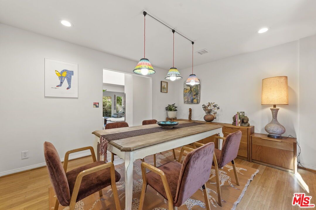 Dining room, Interior, Pendant Lights, Recessed Lighting, Wood Texture Flooring