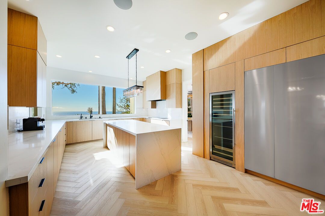 Interior, Kitchen, Pendant Lights, Recessed Lighting, Stainless Steel Appliances, Water, Wood Texture Flooring