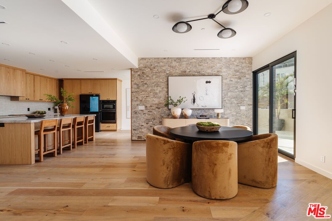 Dining room, Interior, Kitchen, Recessed Lighting, Stone Walls, Wood Texture Flooring
