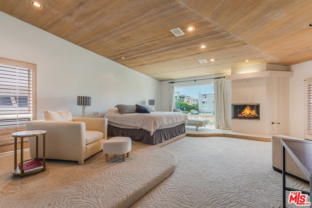 Bedroom, Fireplace, Interior, Recessed Lighting, Wooden Ceilings