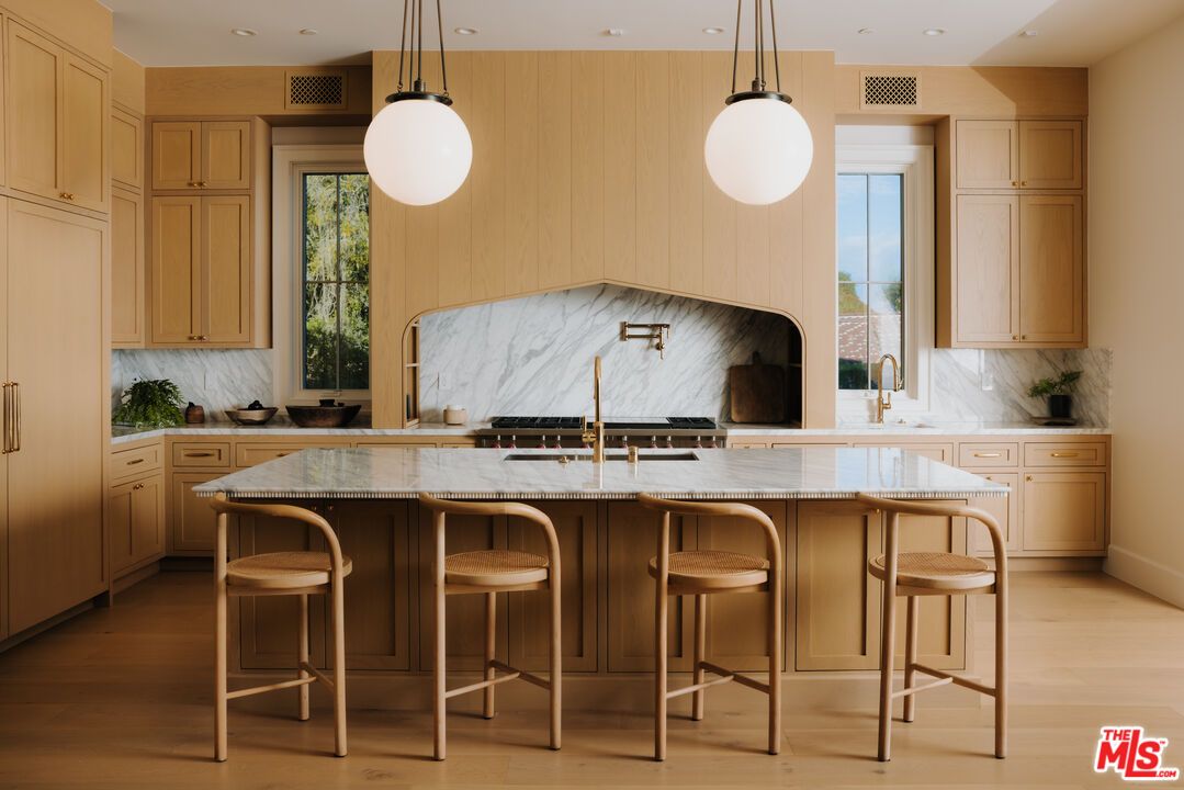 Interior, Kitchen, Marble Walls, Pendant Lights, Recessed Lighting, Wood Texture Flooring