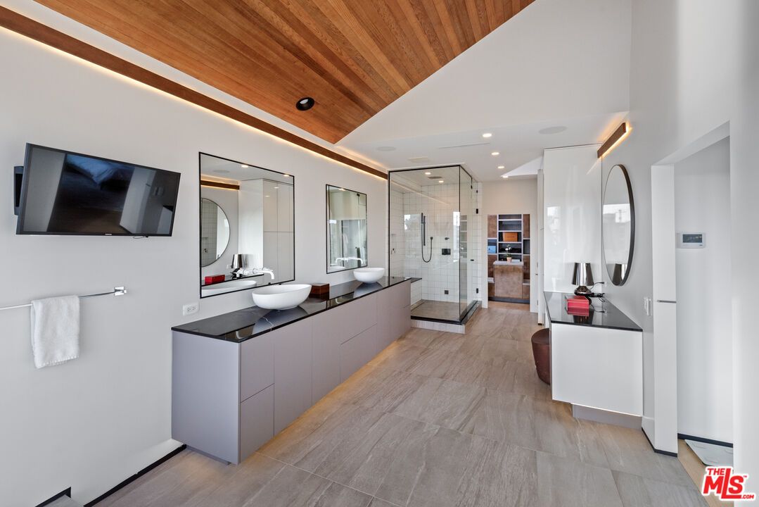 Bathroom, Dual Sink Vanities, Glass Shower, Interior, Recessed Lighting, Wooden Ceilings