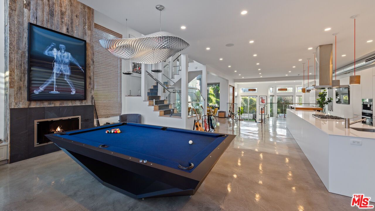 Billiard Table, Fireplace, Game Room, Interior, Pendant Lights, Recessed Lighting, Stone Walls