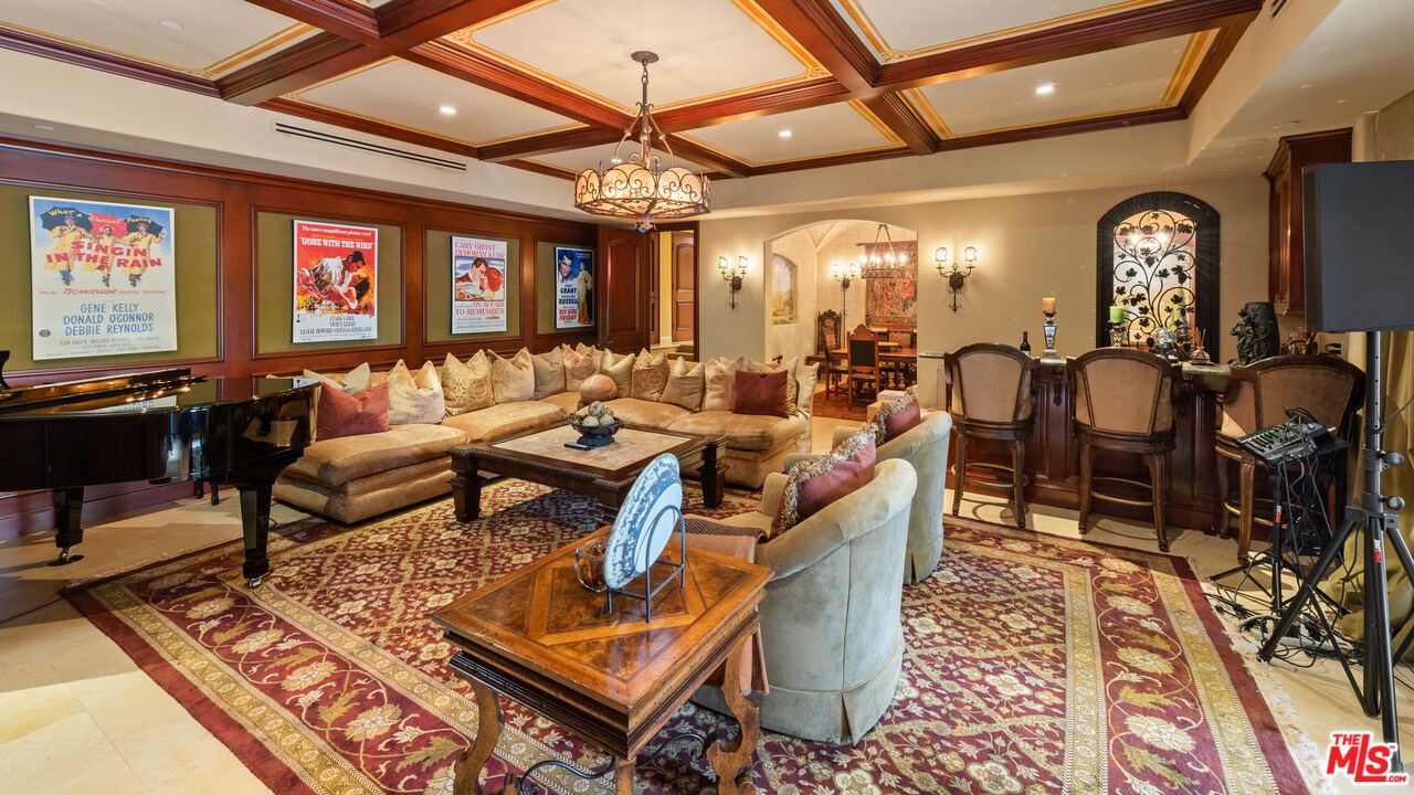 Chandelier, Interior, Living room, Piano, Recessed Lighting, Wooden Beams