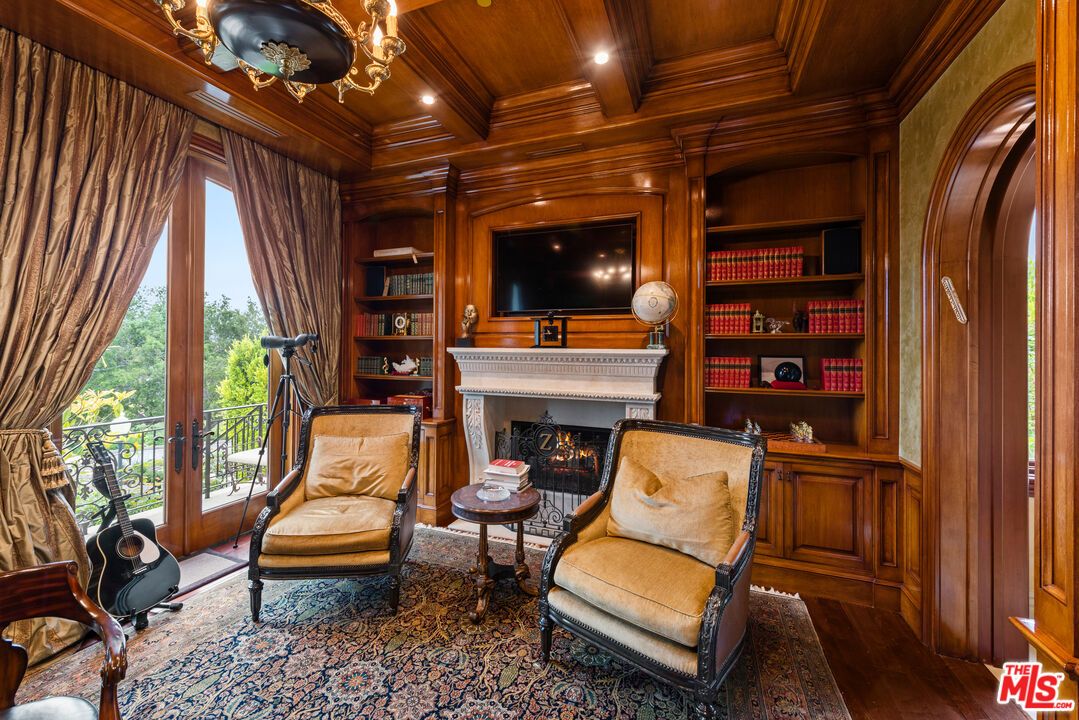 Chandelier, Fireplace, Interior, Recessed Lighting, Wooden Beams, Wooden Ceilings, Wood Texture Flooring, Wooden Walls