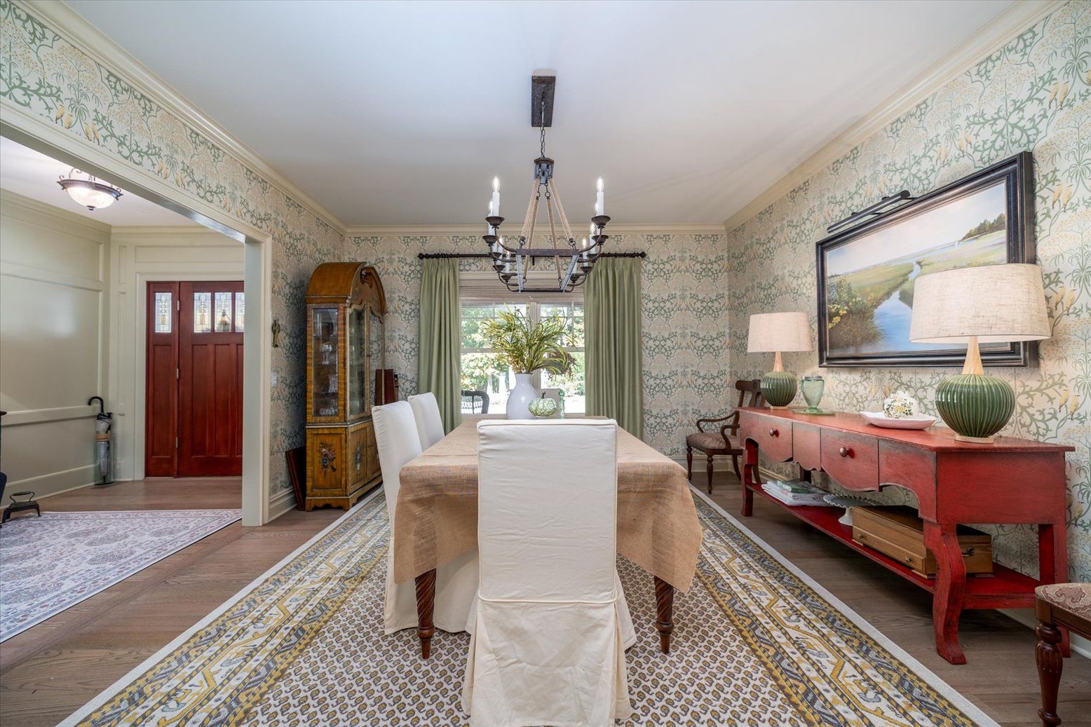 Chandelier, Dining room, Interior, Wood Texture Flooring