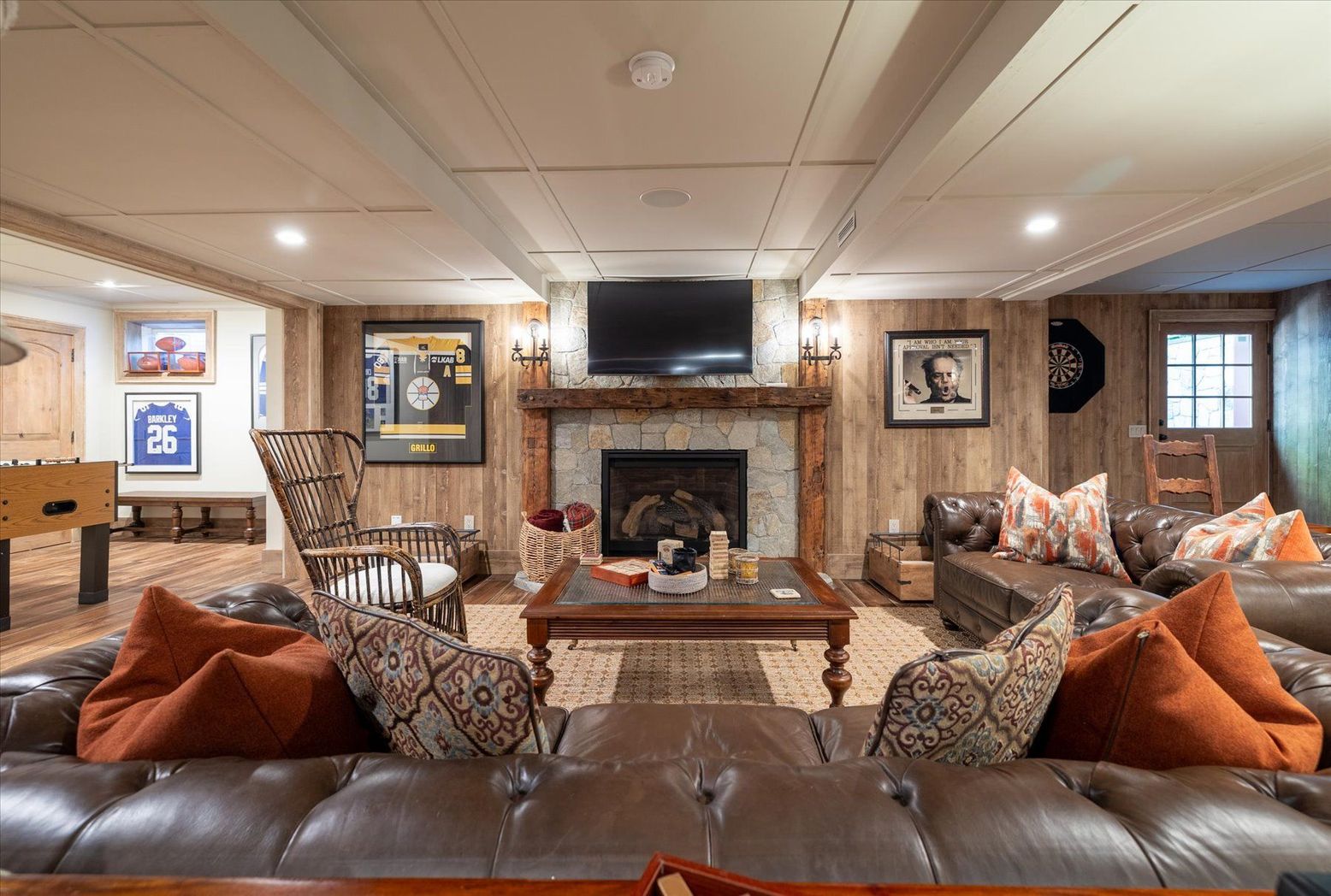 Fireplace, Interior, Living room, Recessed Lighting, Wood Texture Flooring, Wooden Walls