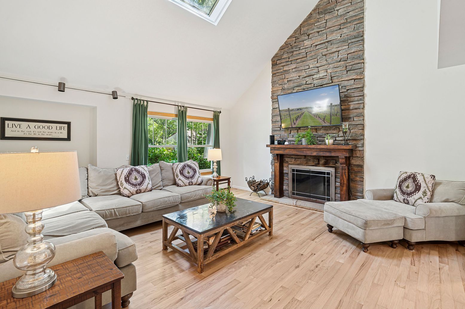 Fireplace, Interior, Living room, Stone Walls, Wood Texture Flooring