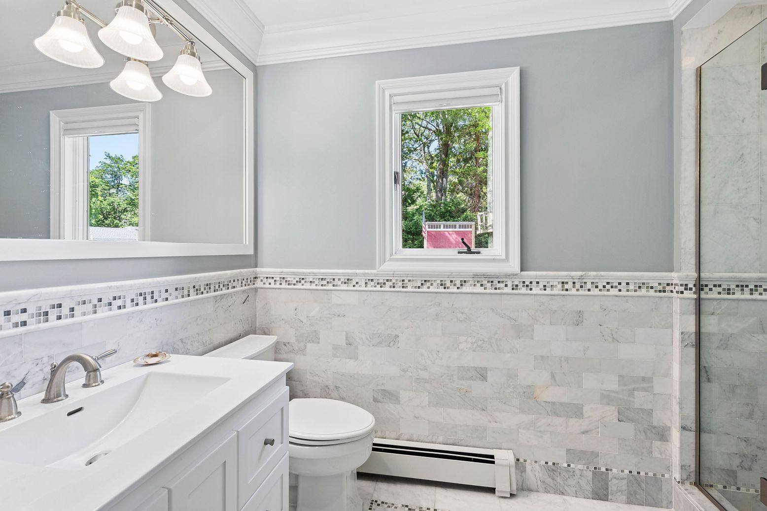 Bathroom, Glass Shower, Interior, Marble Walls