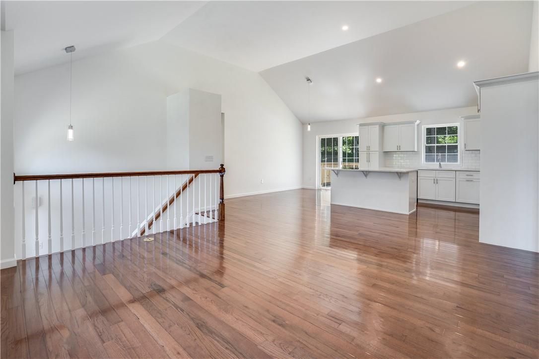 Empty room, Interior, Kitchen, Pendant Lights, Recessed Lighting, Wood Texture Flooring