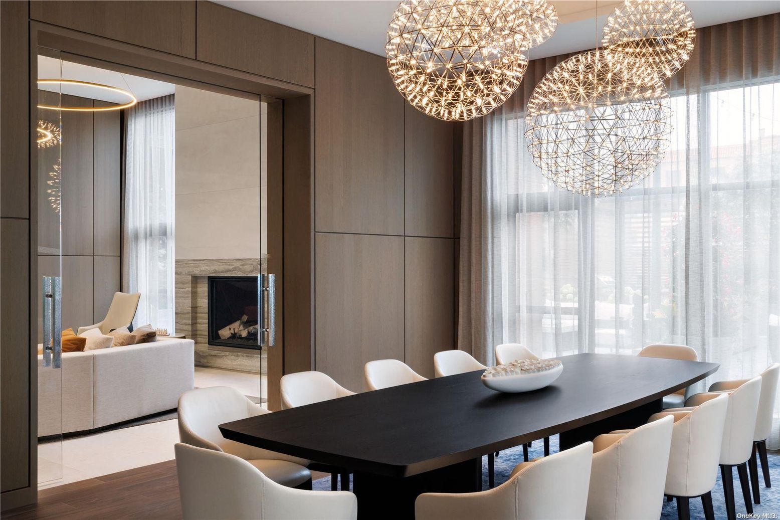 Chandelier, Dining room, Fireplace, Interior, Living room, Pendant Lights, Wood Texture Flooring