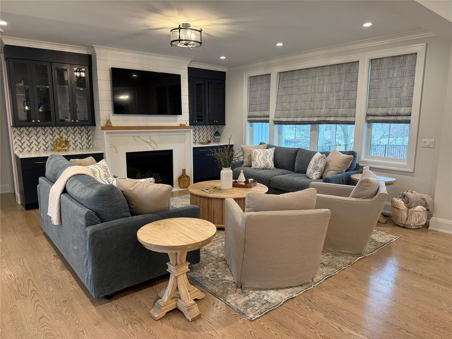 Fireplace, Interior, Living room, Recessed Lighting, Wood Texture Flooring