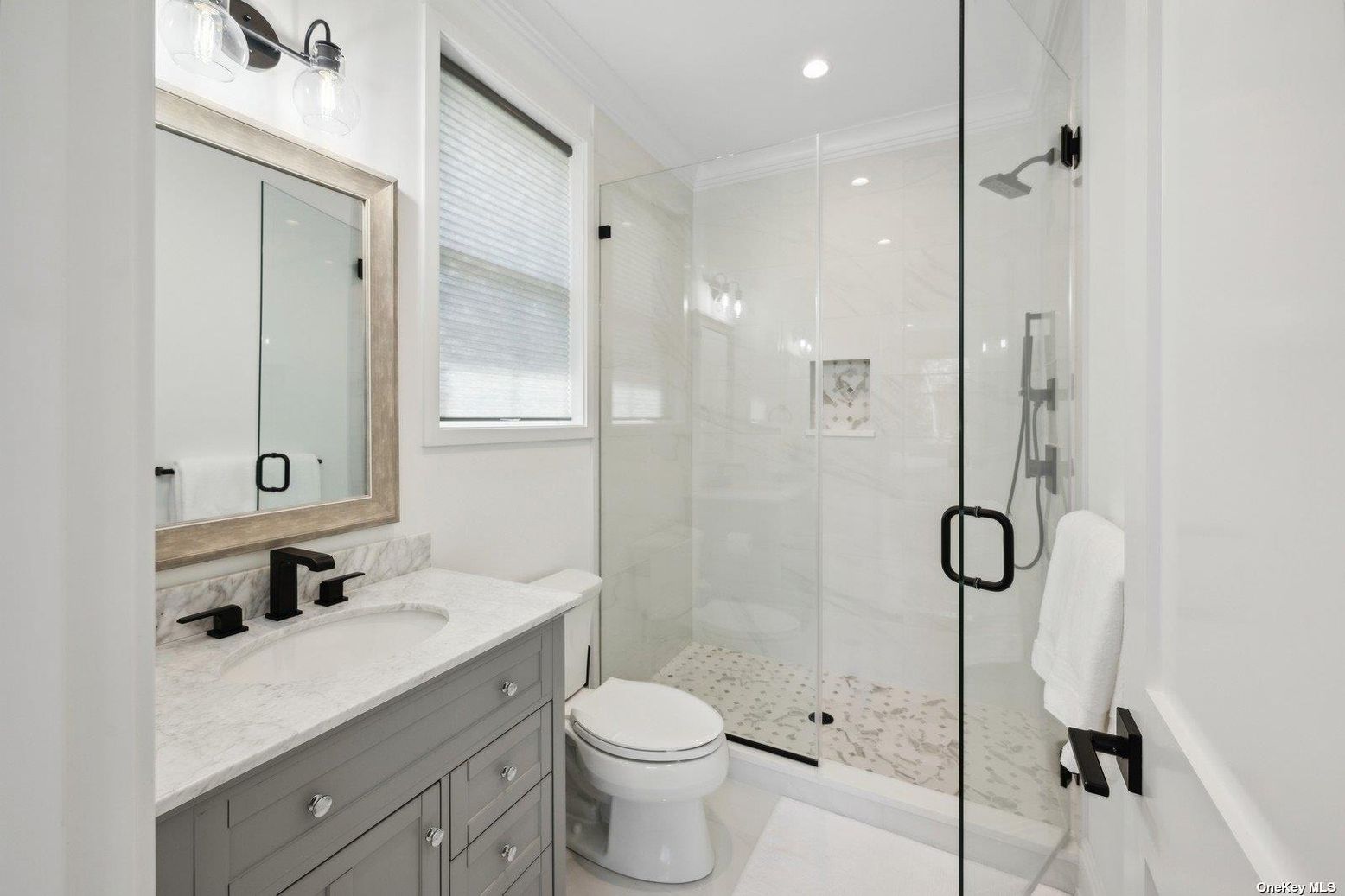 Bathroom, Glass Shower, Interior, Marble Walls, Recessed Lighting